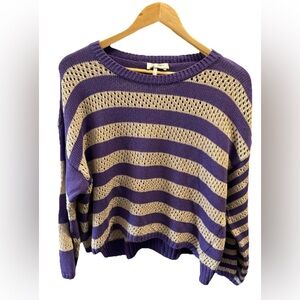 COCOGIO Size S/M Purple and Beige Striped Open Knit Long Sleeve Sweater NEW